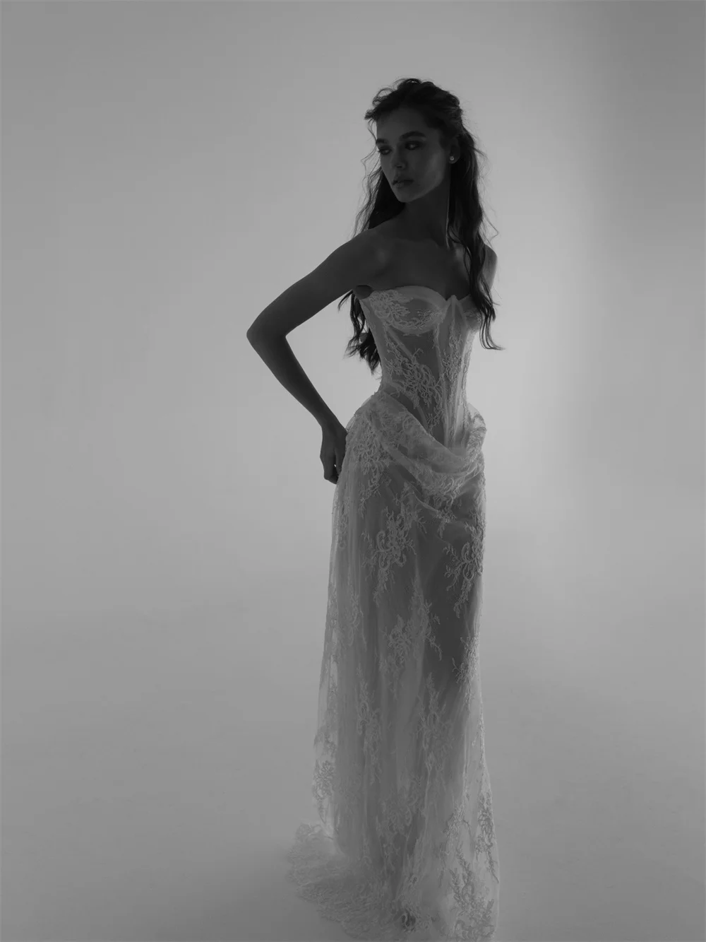 White Strapless Sweetheart Sheer Lace Mermaid Bridal Gown Corset Bodice Draped Waist Floor‑Length Sweep Train Bohemian Wedding