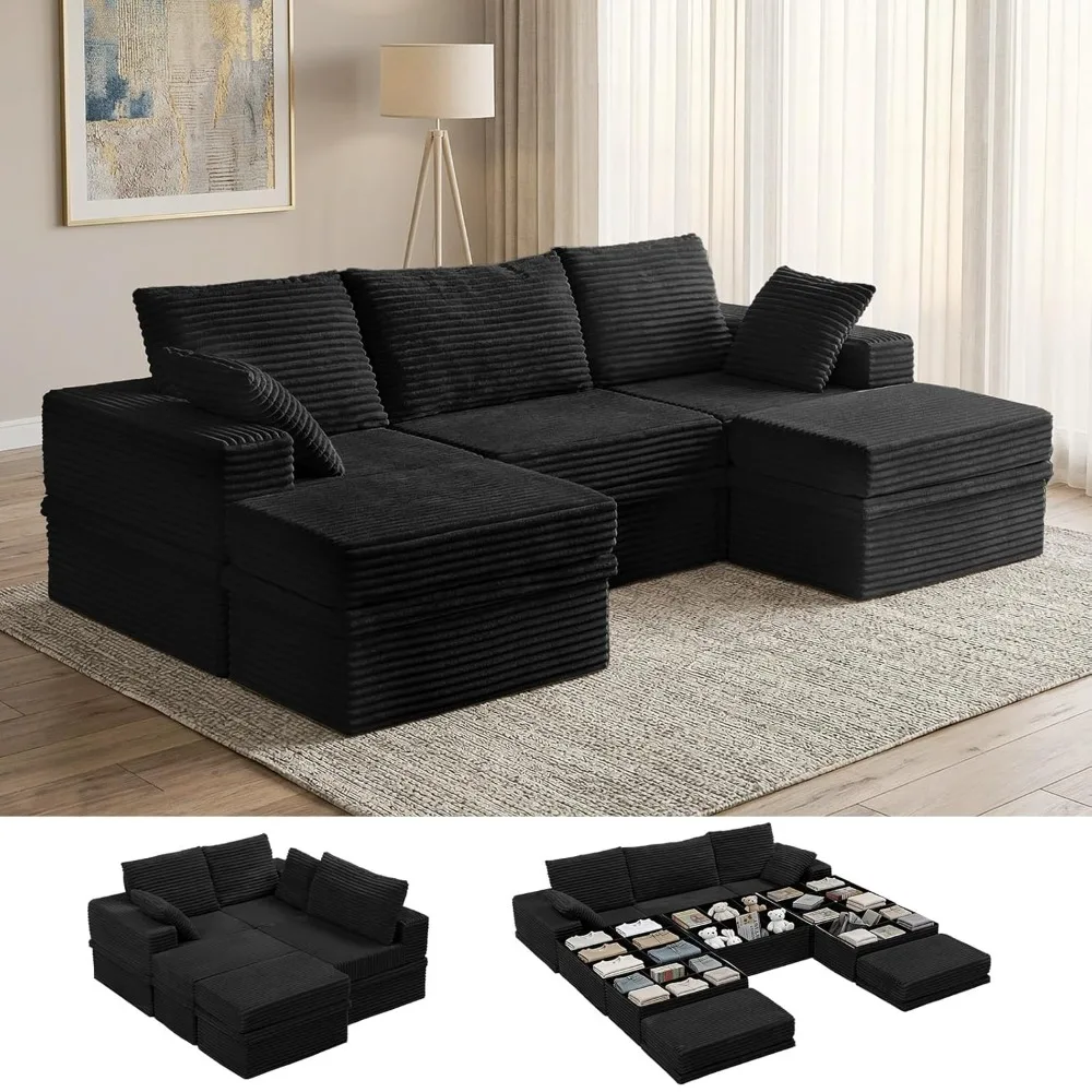 

107" Modular Sectional Sofa with Storage, 5-Seater High Density Foam Boneless Couch with Ottoman, 27" Deep Corduroy, Customized