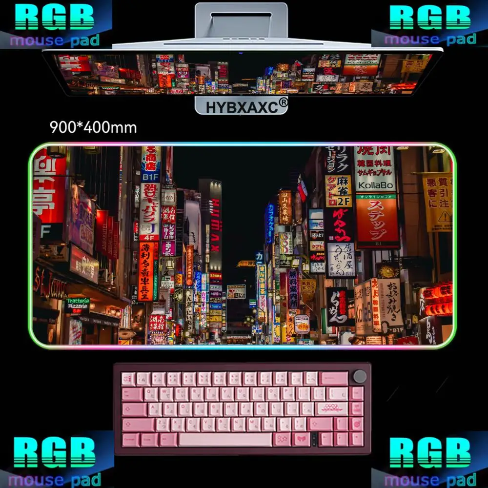 RGB Retro City Street Mousepad Neon Tokyo Pixel Art Desk Mat XL Game Office computer keyboard Mat New Non-Slip rubber Table Pad