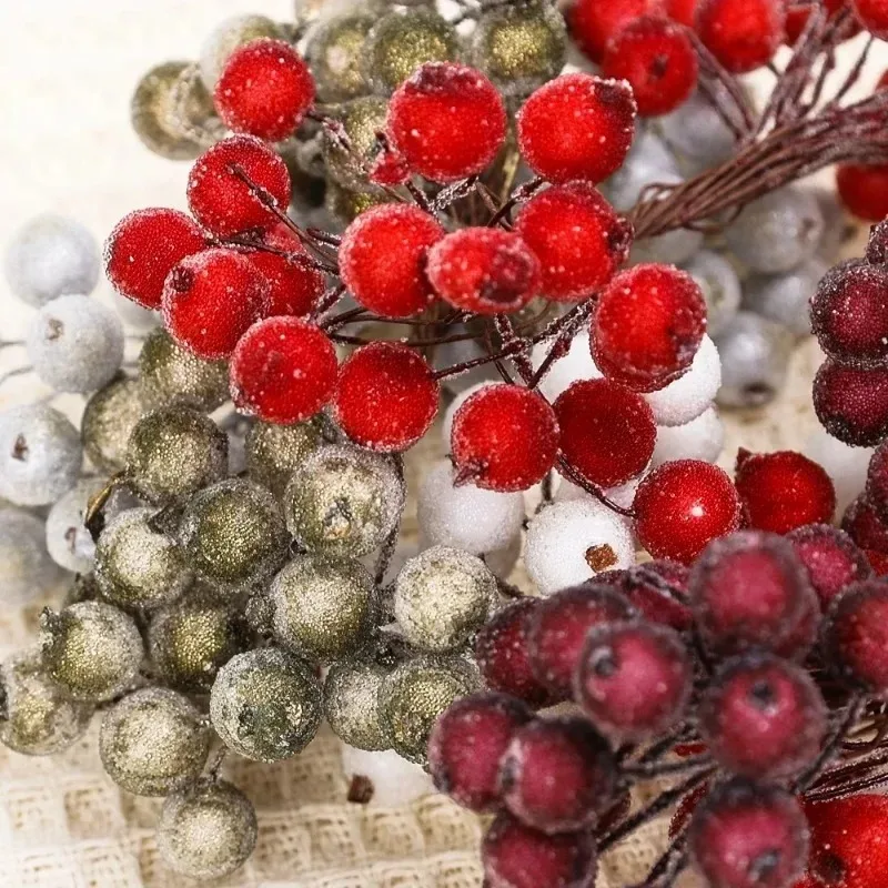 Double Head Frosted Red Berries Artificial Christmas Fake Berry Stamen Xmas Tree Wreath Ornaments New Year Party Decor Supplies