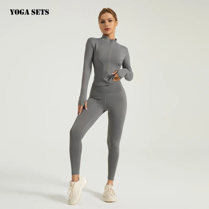 Women\'s Fitness Yoga Jacket Elastic Zipper Jacket High Waist Tight Hip Pants Quick-drying Sports Suit Women\'s tracksuit Winter