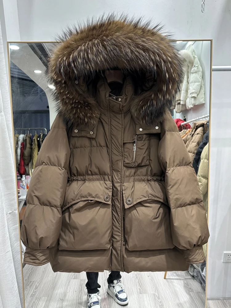 Winter Warm Hooded Natural Large Fur Collar Down Jacket Women White Duck Down Parker Outwears Female Drawstring Zipper Jackets