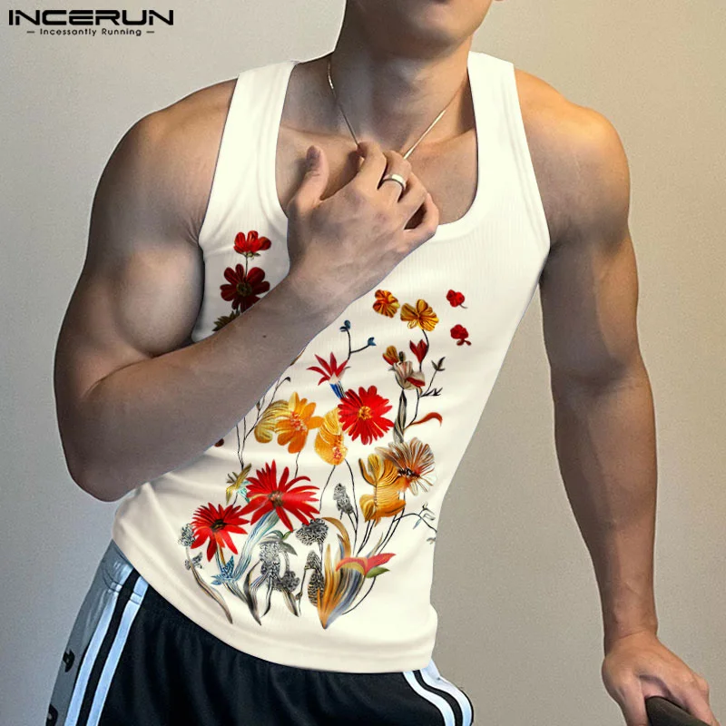 INCERUN Men's Tank Tops Flower Printing U-neck Collar Sleeveless Casual Male Vests Summer 2024 Streetwear Fashion Men Clothing