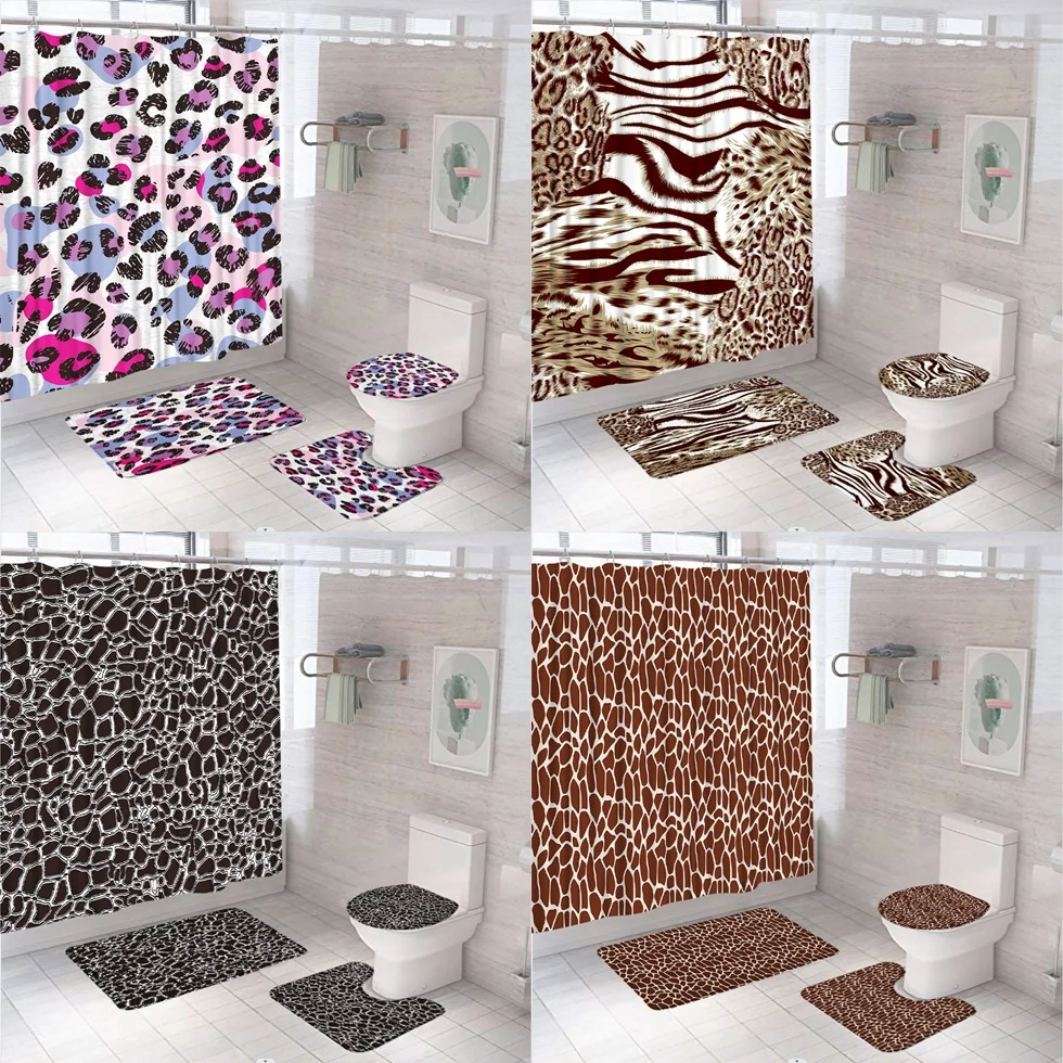 

Leopard Giraffe Fur Shower Curtain Sets Non-Slip Rug Toilet Lid Cover Bath Mats Wild Animal Skin Bathtub Curtains Bathroom Decor