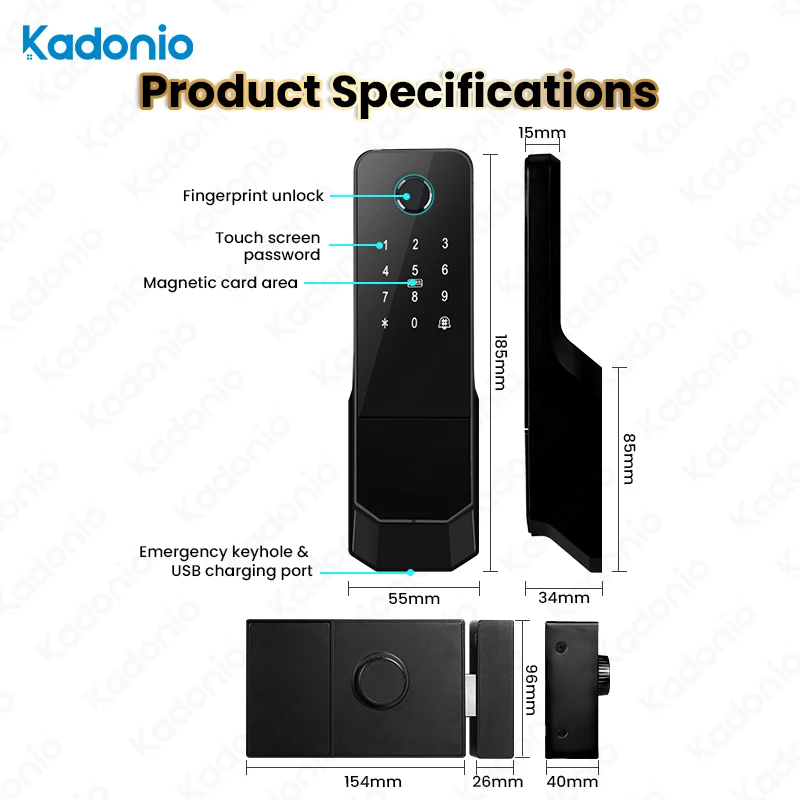 005 Kadonio Outdoor Waterproof Rim Lock WIFI Tuya APP Stainless Steel Gate Lock Biometric Fingerprint Smart Door Lock