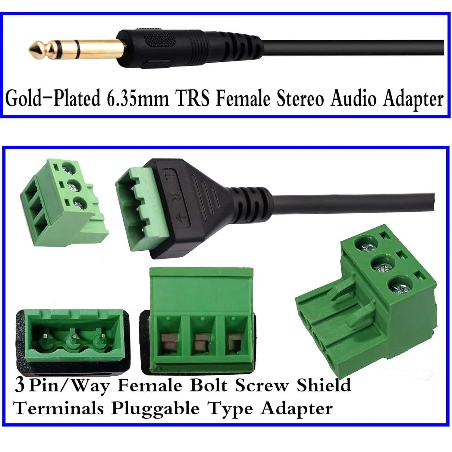 1szt Złota wtyczka męska 6,35 mm 1/4" Stereo TRS do 3-pinowej śruby AV Balun wideo Złącze wtykowe Adapter bez lutowania Kabel blokowy