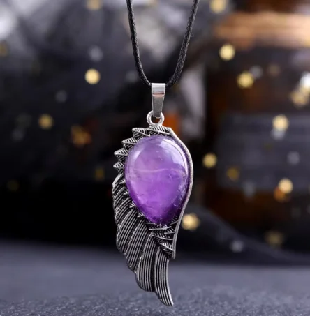 Natural Stone Angel Wings Pendant Necklace Circular Cone Charm Pendant for Men Women Divination Charms