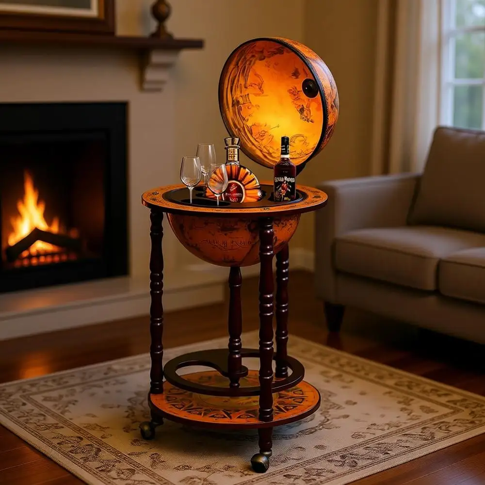 

Деревянная барная тележка в стиле XVI века с колесами, винтажным хранилищем для алкоголя, нижней полкой и картой мира в старинном стиле