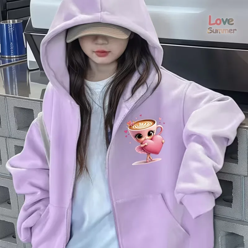 Chaqueta con capucha para niñas con estampado de bailarinas Cappuccino, con cremallera, estilo italiano, informal, para primavera, ropa de calle para jóvenes, para jugar al aire libre