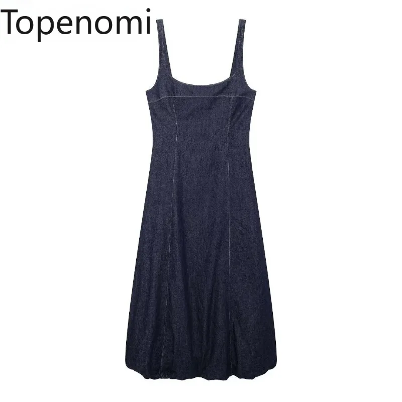 Topenomi Denim Spaghetti Strap Dress Women Korean Square Collar Backless High Waist A-line Long Dresses Elegant Party Vestidos