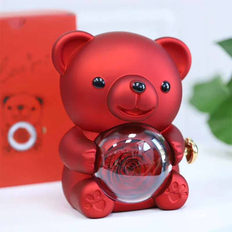 Neue Weihnachtsgeschenkbox, blau, echt konservierte ewige Rose, rotierender Teddybär mit gravierter Namenskette, Schmuck-Geschenkboxen-Set