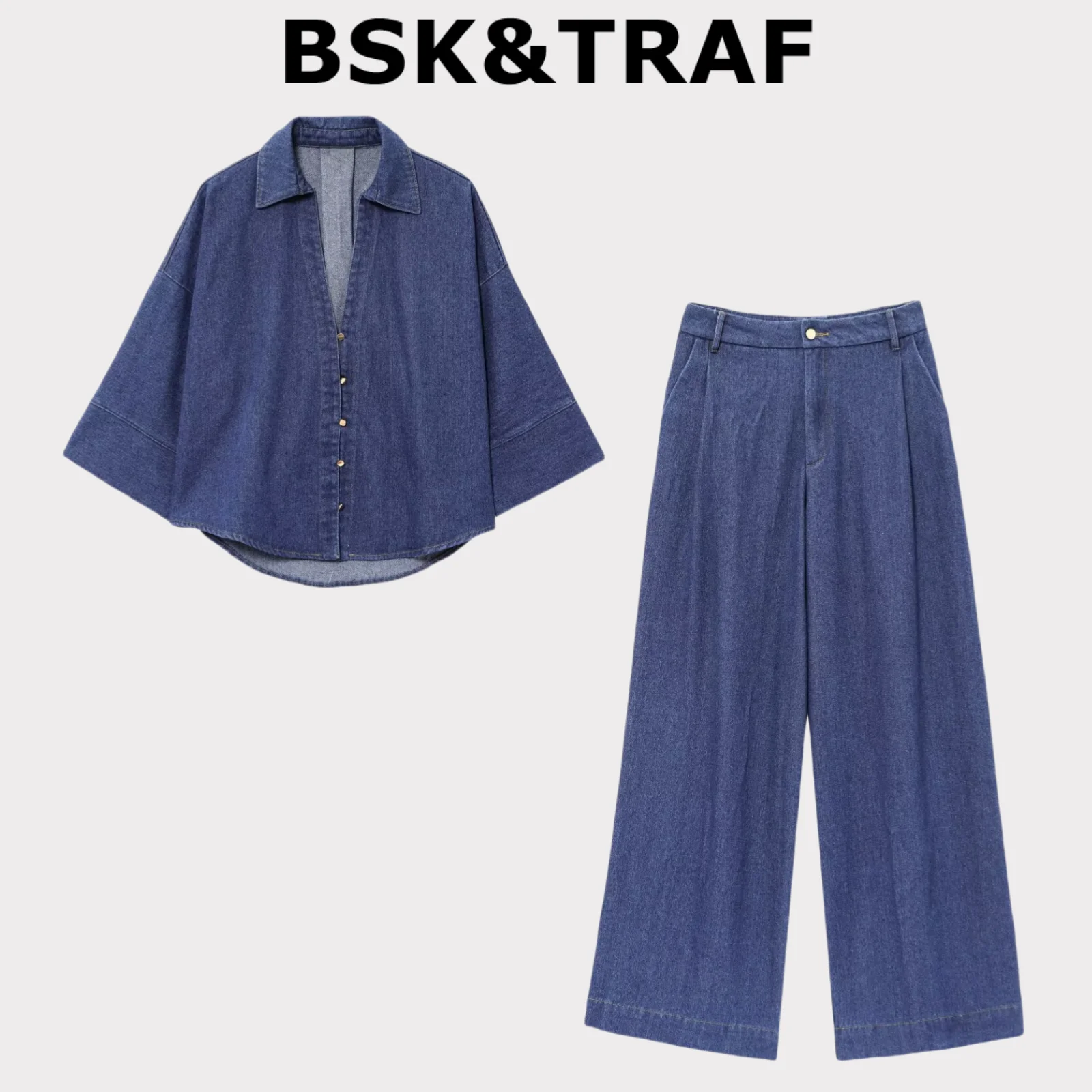 

BSK&TRAF Casual Elegant Wide Sleeve Lapel Casual Versatile Denim Shirt + High Waist Straight Loose Jeans Suit 2025 Summer New