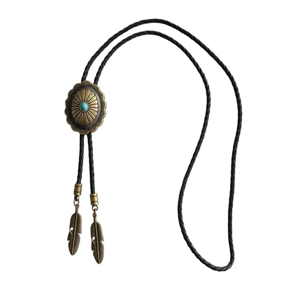 PU Woven Rope Indian Western Cowboys Bolo Tie Western Country Style Vintage Turquoise Bolo Tie Ethnic Style Sweater Chain