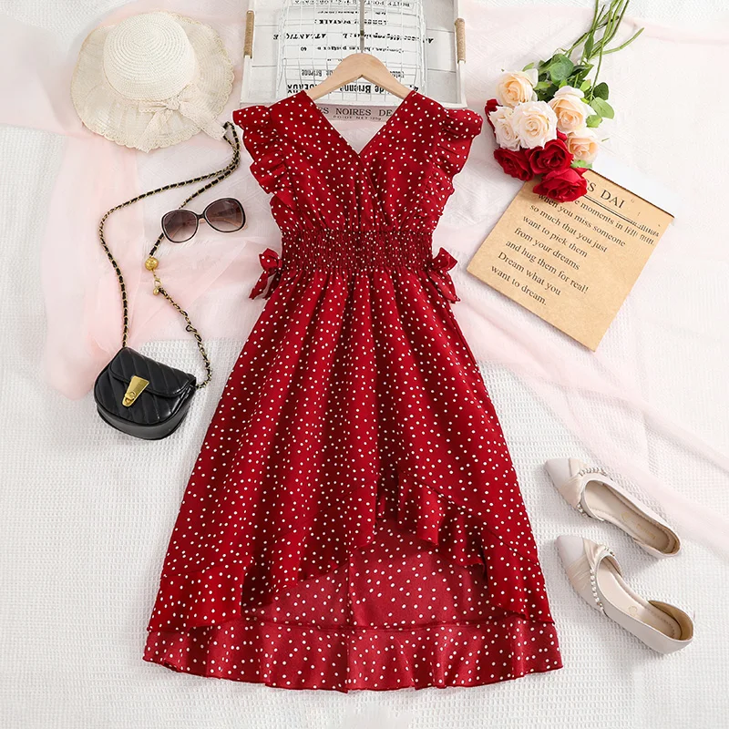 Girls Sleeveless V-Neck Red Polka Dots Dress Elegant Atmospherical Demure Princess Dress For Kids Birthday Premiere Girls Dress