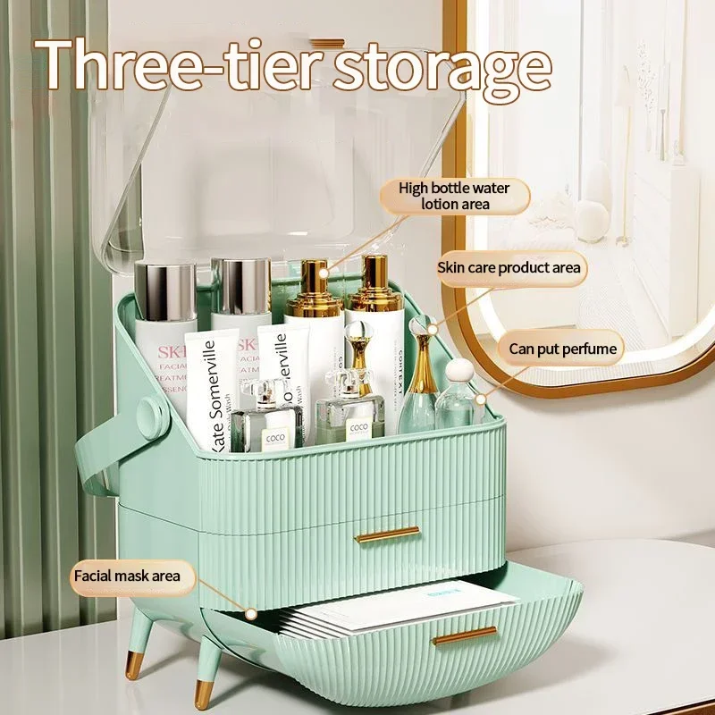 Large Cosmet Storag Box Luxury Dresser Organizer Box with Lid Makeup Organiser Dust-proof Cotton Pads Jewelry Make Up Organizer