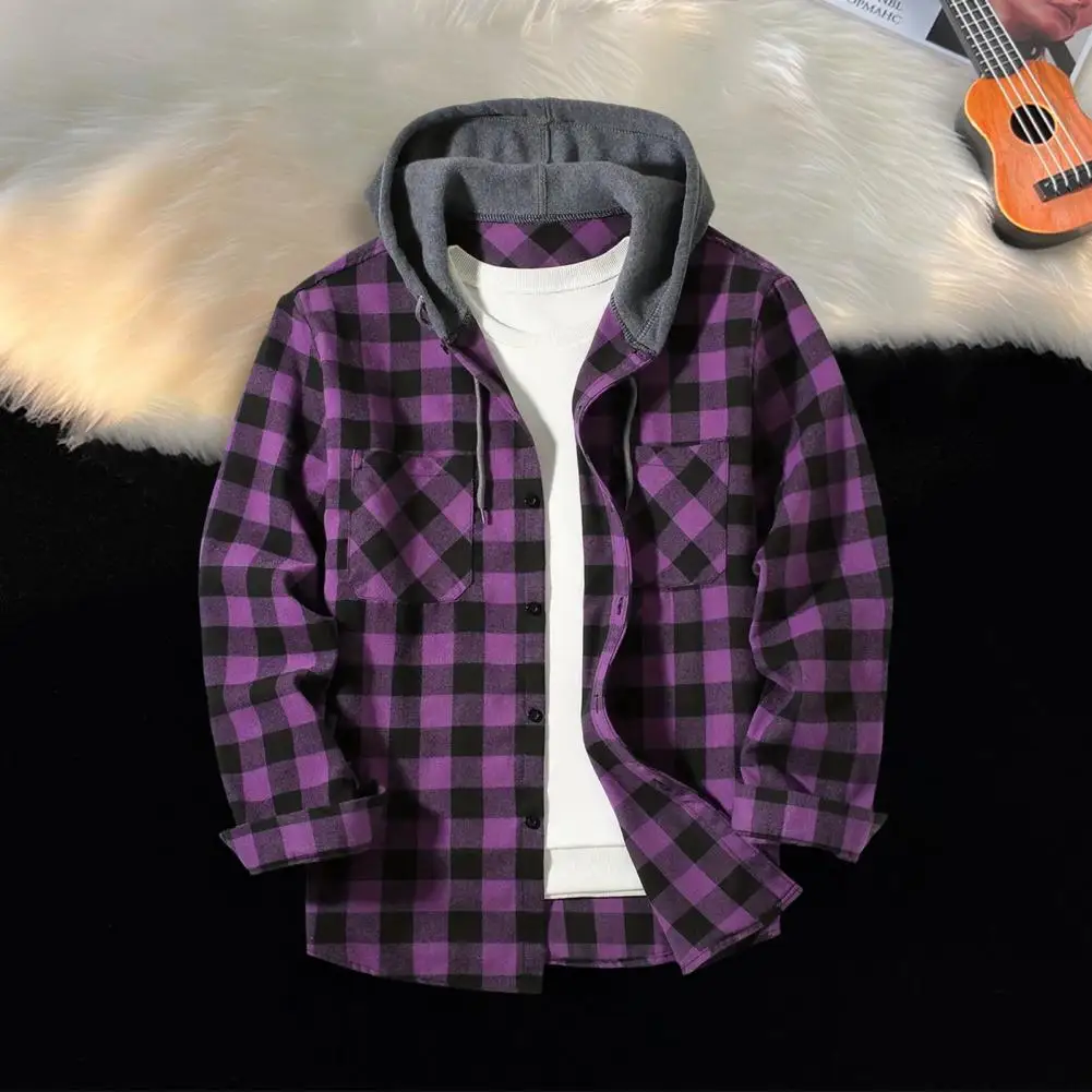 

Осенняя новая мужская рубашка с капюшоном, однобортная рубашка в клетку с принтом, пальто, мужская повседневная верхняя одежда с длинными рукавами