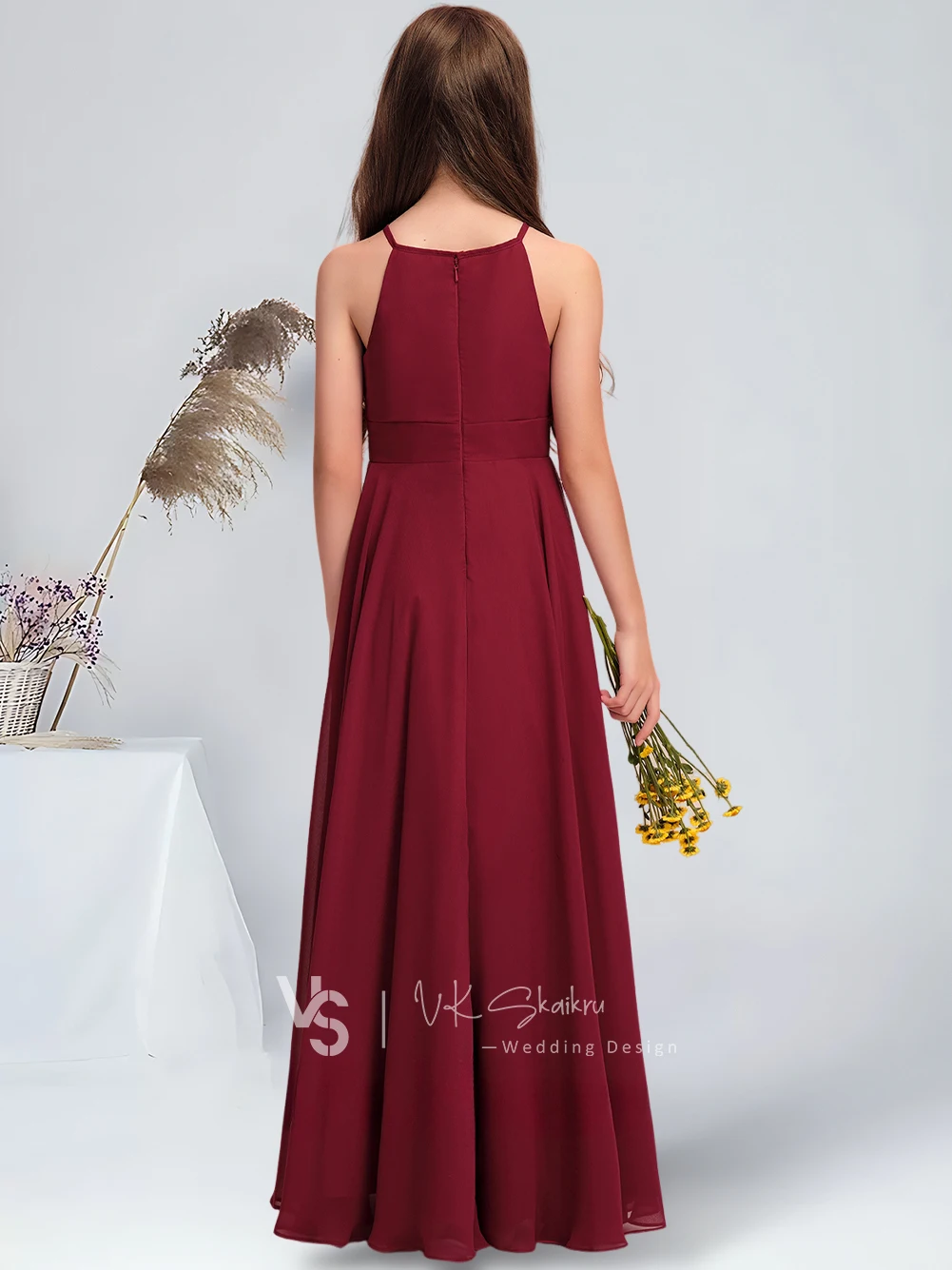 A-line Halter Floor-Length Chiffon Junior Bridesmaid Dress Chic Burgundy Flower Girl Dress for Wedding Party Dresses For Teens