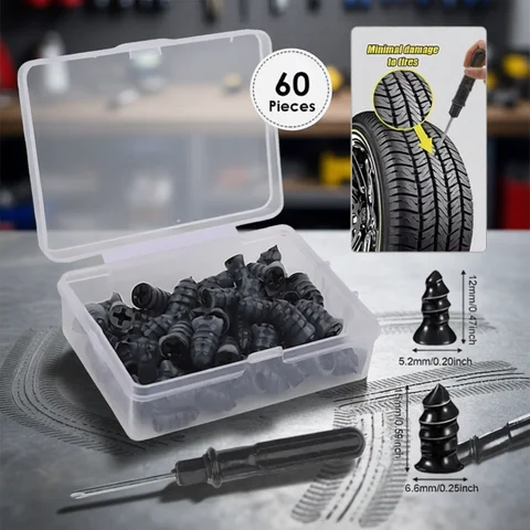 60pcs Tire Repair Kit with Screwdriver Storage Box DIY Flat Tire Repair Car Truck Motorcycle Home Bike Plug Patch Rubber Nails