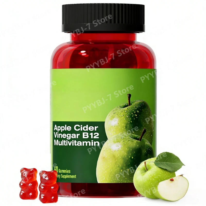 Gomitas de Vinagre de Sidra de Manzana con B12, Sin Azúcar, Deliciosas Gomitas Veganas para la Digestión, el Metabolismo y la Energía Diaria, 60 Unidades