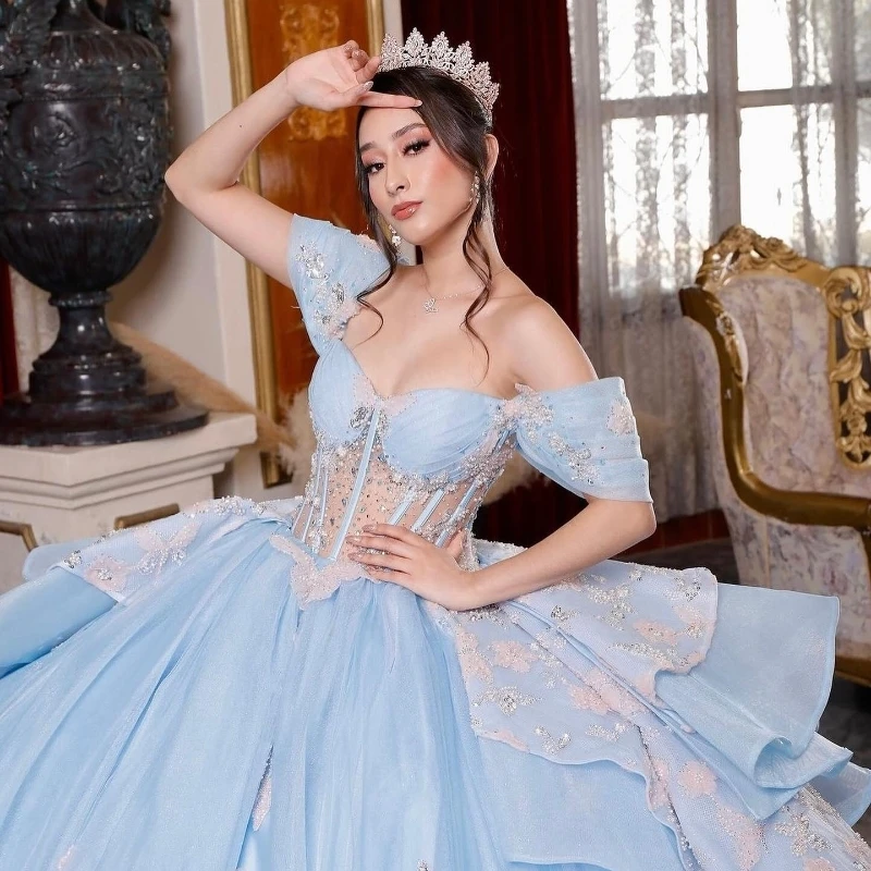 فساتين Quinceanera على شكل كرة الأميرة بدون أكتاف مزينة بفيونكة كريستال تول فيستدو دي 15 أنوس 16th حفلة موسيقية