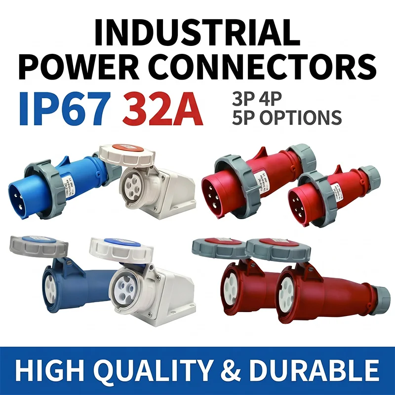 32A IP67 Industrial Plug and Socket Connector 3P 4P 5P Waterproof Male Female Surface Mounted Wall Socket 220V 380V 415V Power