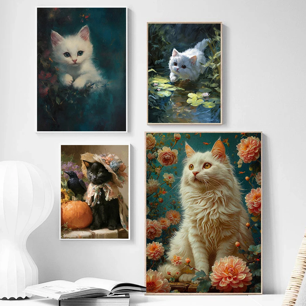 Playful Cat Flower Oil Posters Butterfly Ducklings Bell Modern Prints Canvas Painting Wall Art Pictures Home Living Room Decor