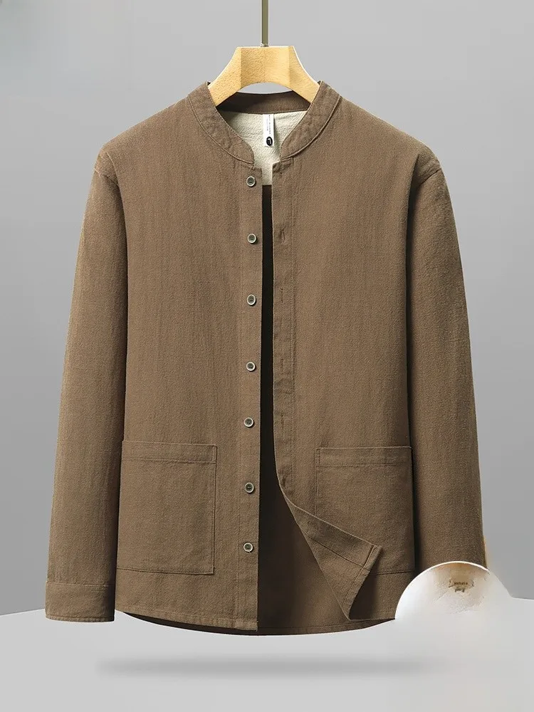 

New Chinese Sle Men's Cotton Linen irt Stand Collar Loose Long Sve Breathable Color Spring New Outerwear Coat