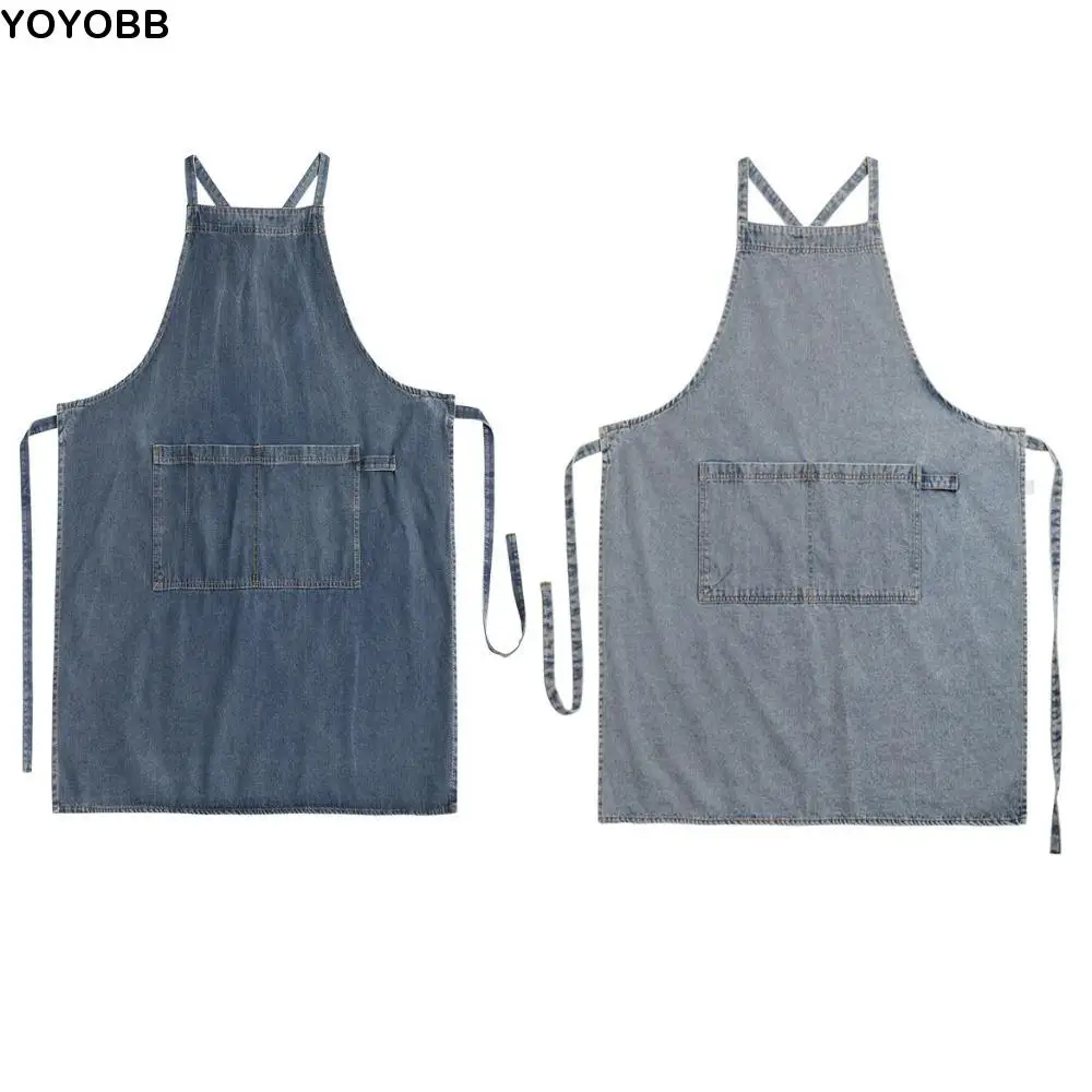 

Temperament Oil-Proof Ladies Denim Apron Cleaning Washed Denim Advertising Apron Pockets Unisex Barber Work Clothes Home Kitchen