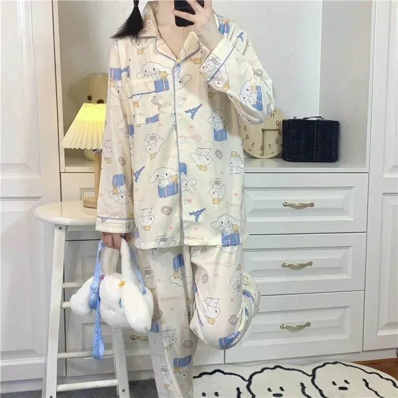 New Kawaii Cinnamoroll Cartoon Pajamas for Women Spring and Autumn Long-sleeved Trousers Home Wear Student Suit Holiday Gift