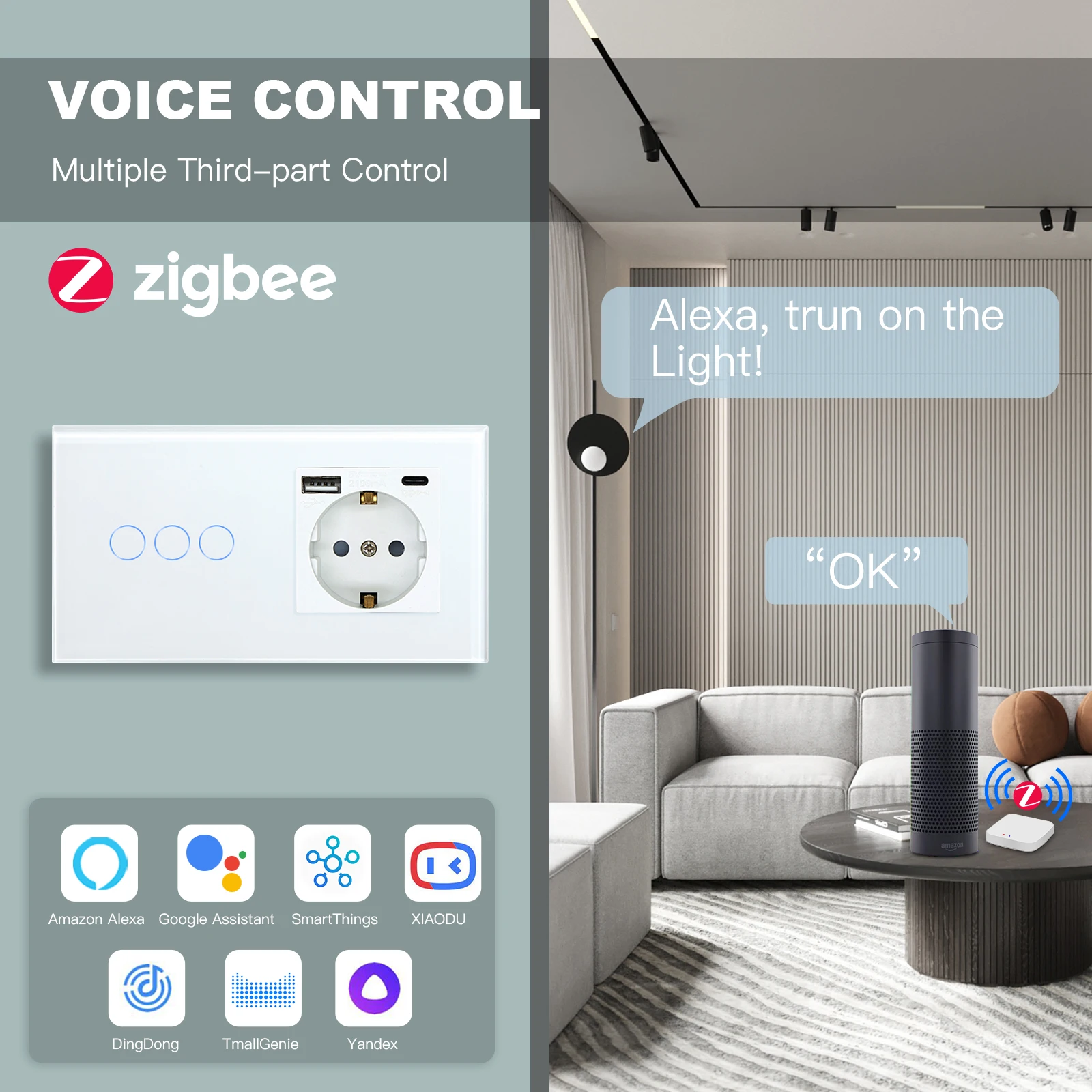 BSEED ZigBee Touch Switches 1/2/3Gang 1/2/3Way Sensor Wall Light Switches Smart Tuya Alexa With EU Standard Type-c Power Socket