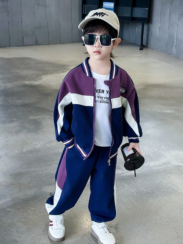 

Бейсбольный спортивный костюм для мальчиков, фиолетовый комплект из двух предметов, крутой повседневный наряд, брюки, осенняя модная молодежная одежда, длинные брюки све