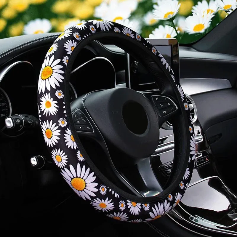 Universal Car Steering Wheel Cover Protector Daisy Printed Breathable Anti-skid Elastic For 37-39cm Auto Decoration