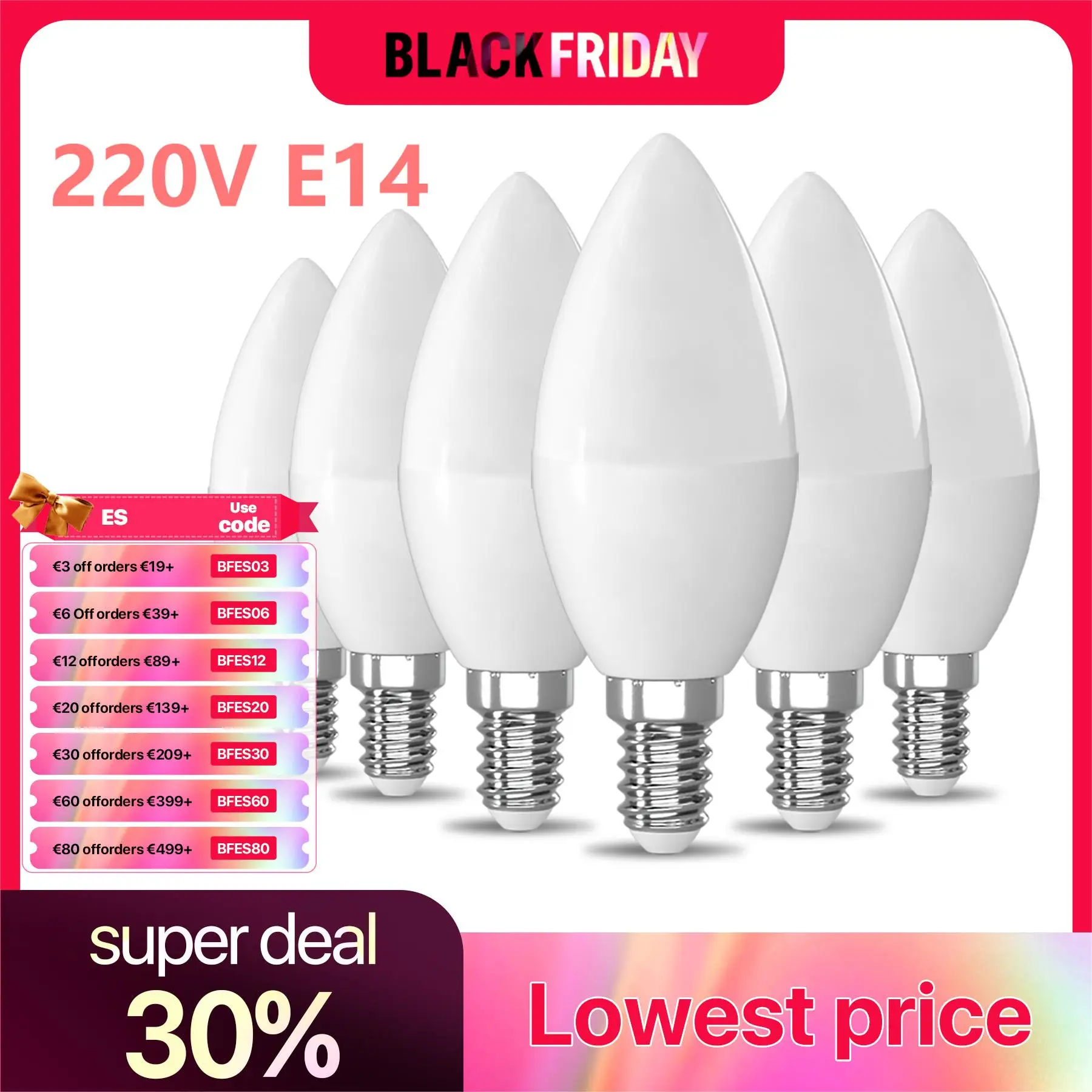 6 Pack E14 Candle Bulb 220V Warm White 3000K Cool White 6500K 5W 545lm 160°Beam Angle C37 Screw Light Bulbs