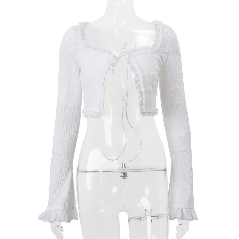 Kardigan Rajut Solid Seksi Baru Atasan Crop Lengan Panjang Y2K Mode dengan Rok Mini Ruffle Berjenjang Pinggang Rendah Set 2 Potong Wanita