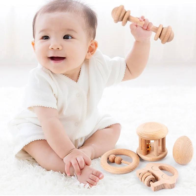 Baby cartoon intelligence auditory wooden music toy children can chew and grind their teeth shake bells beech wood unpainted toy