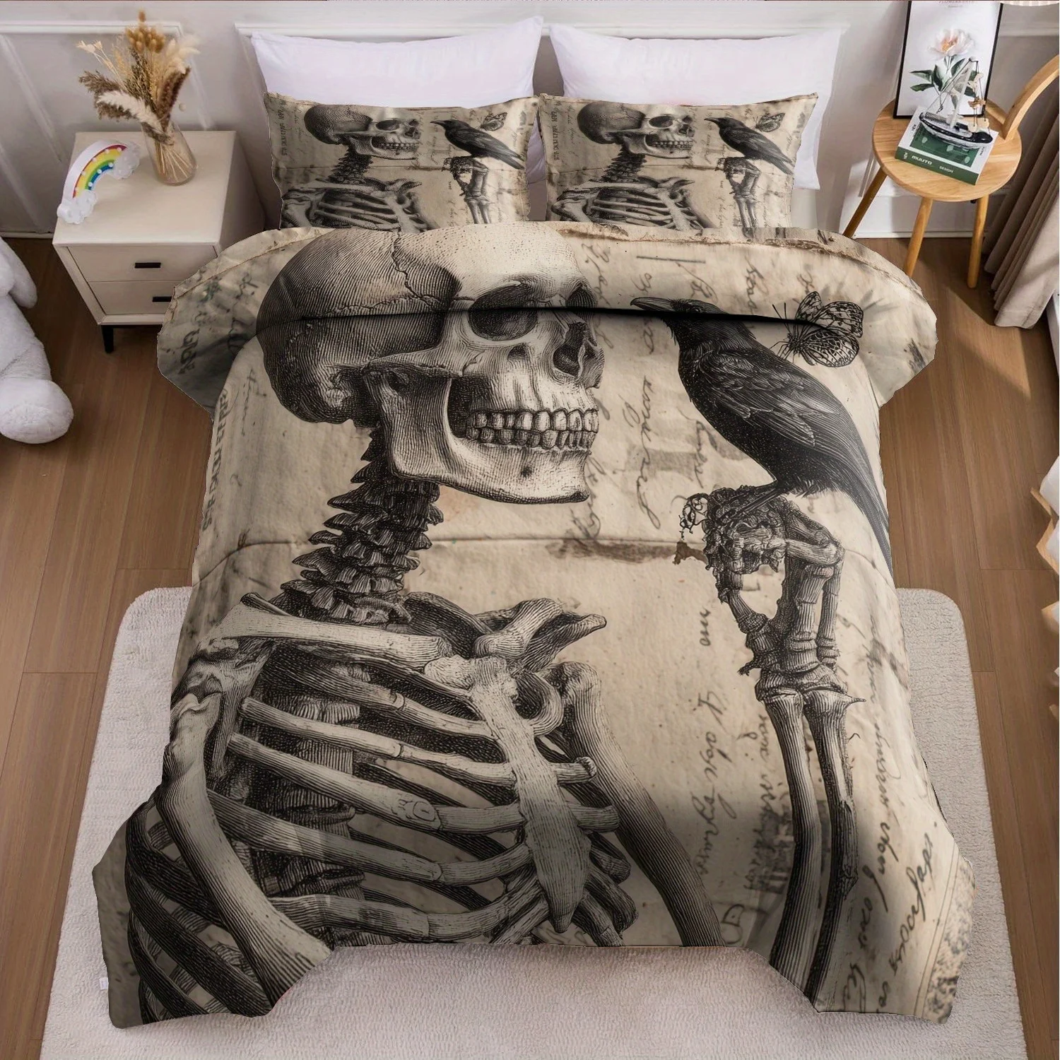 3pcs Halloween Pumpkin Monster Duvet Cover Set without Core, Quilt Cover with 2 PillowcasesSoft and Machine Washable Skeleton