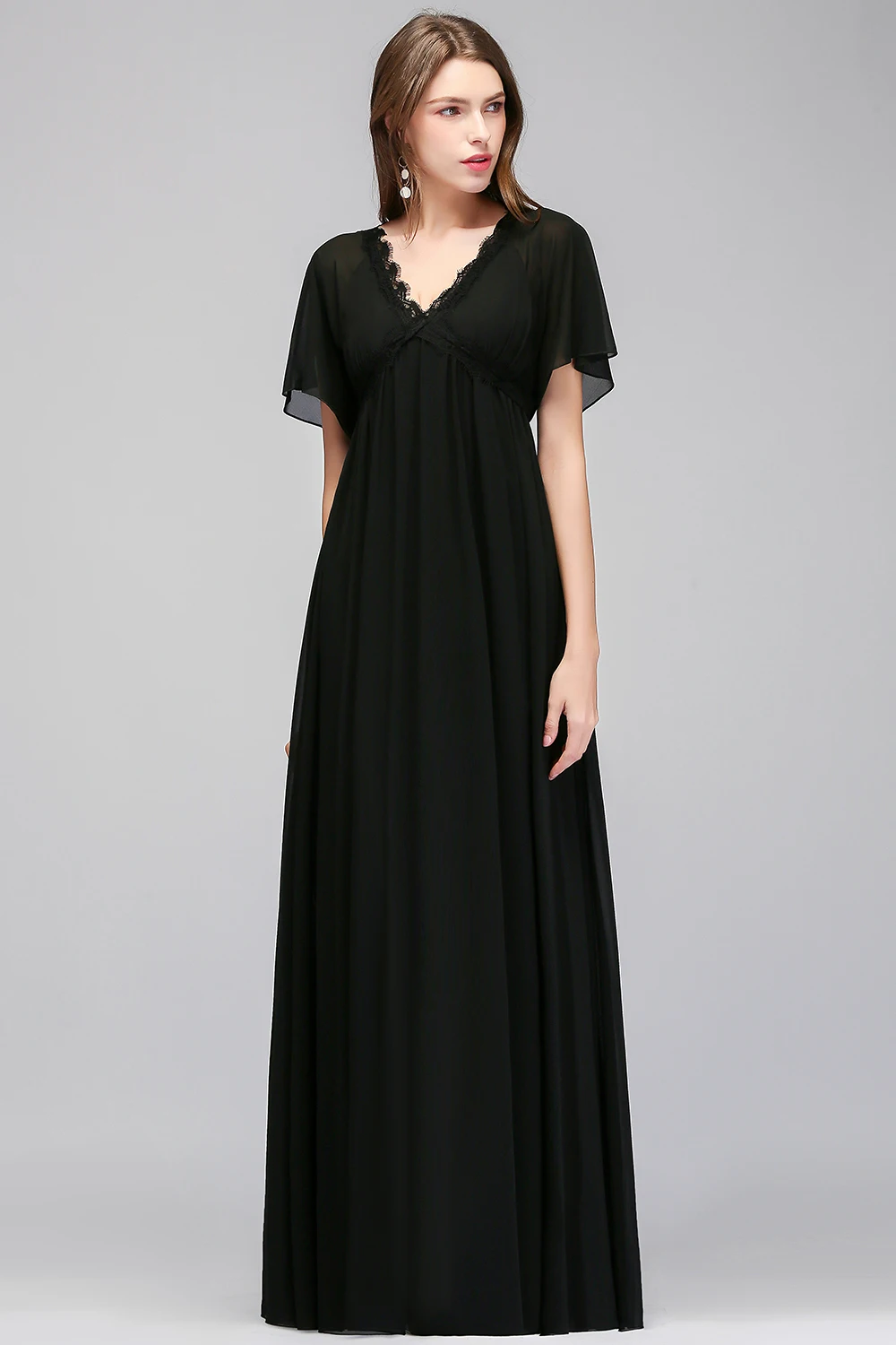

Elegant Black Evening Dress with V-Neck Lace Trim & Flowy Maxi Skirt, Short Sleeve Formal Gown for Wedding Party CPS978
