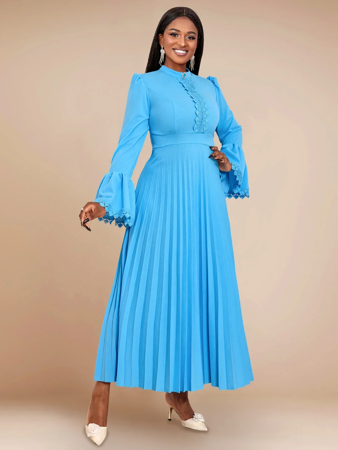 Blue Women Elegant Pleated Long Evening Dresss 2024 New Autumn Winter Long Sleeve High Waist A Line Casual Party Dress Outfits