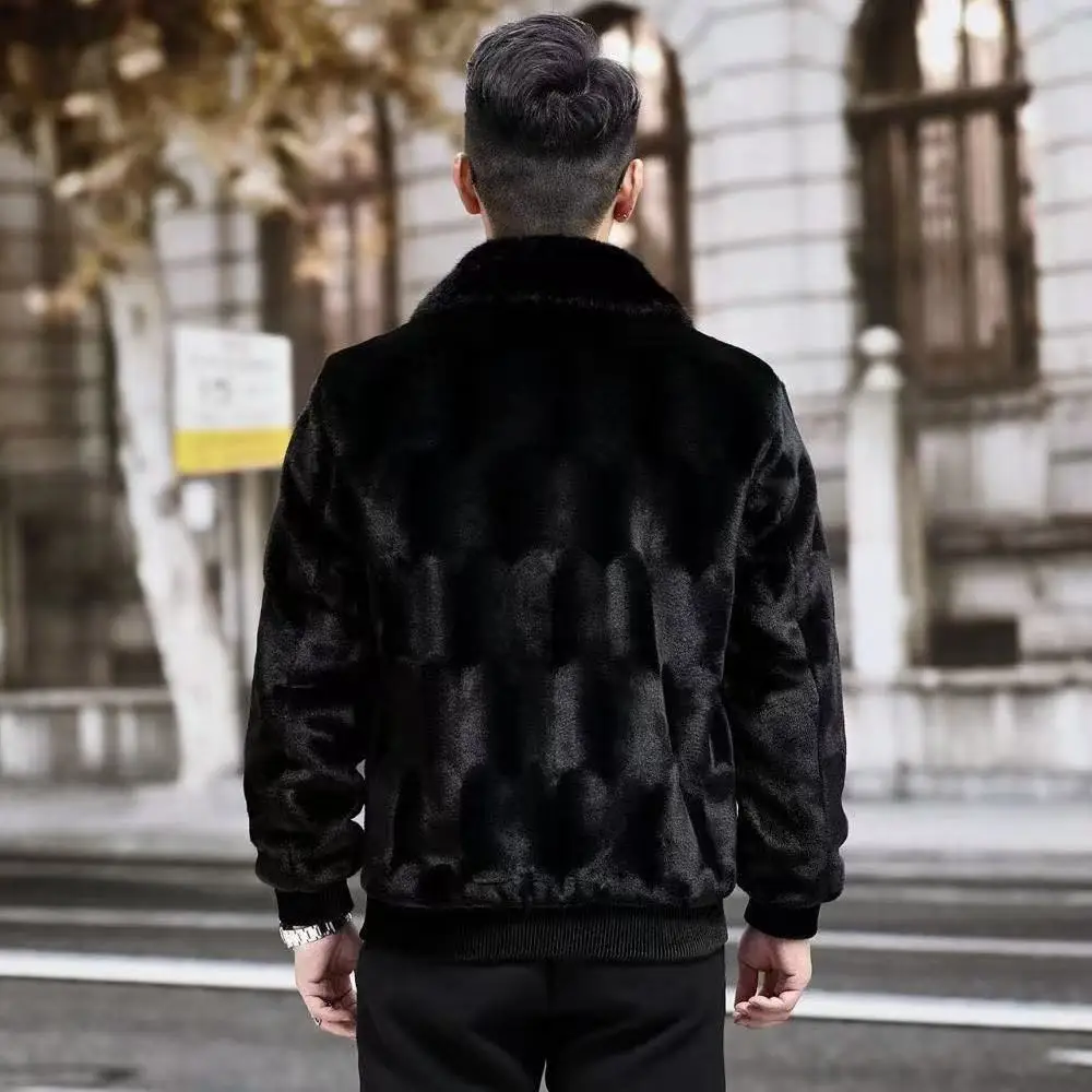 Men'S Fashion Faux Mink Coat, Luxury Thick Warm Lapel Collar, Knit Polyester 100% with Alphabet Pattern, Regular Fit with Zipper