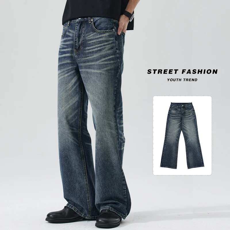 

2026 Spring Men's Flared Jeans Fashion Whiskered Vintage Washed Denim Pants American Streetwear Loose Casual Trousers