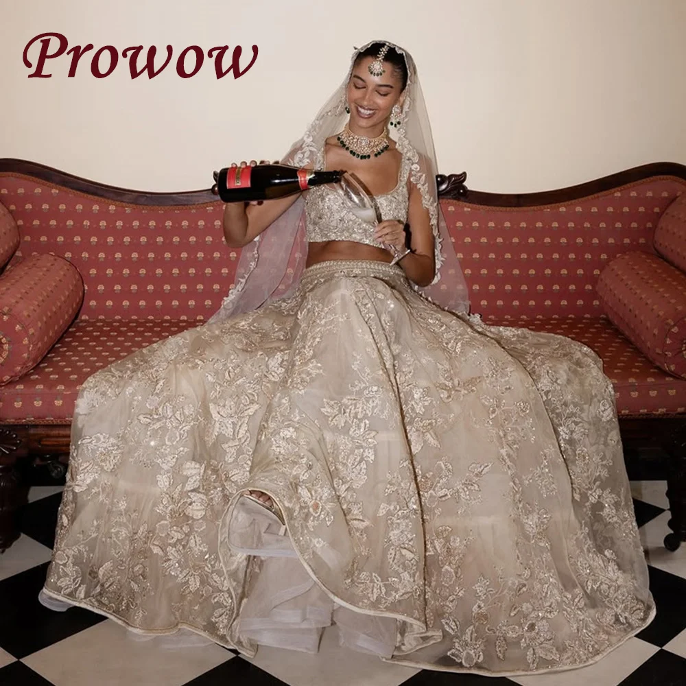 

Prowow Luxury Lace Boho Wedding Dresses Set Pleats Floor Length Bridal Gowns Customized Square Collar A Line Floor Length