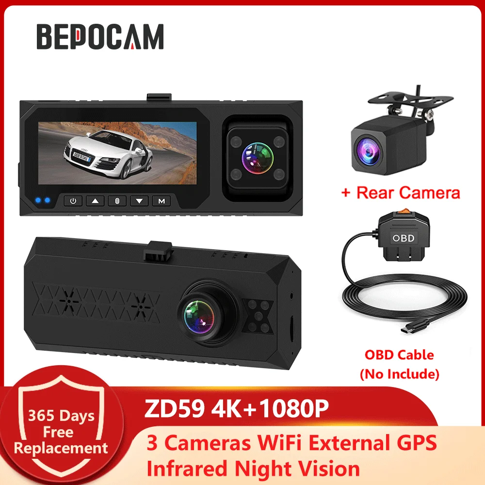 

Dashcam 3 Channel WiFi Car DVR GPS Infrared Night Vision 4K+1080P Dual Lens Dash Cam Front Inside Rear Camera BEPOCAM ZD59