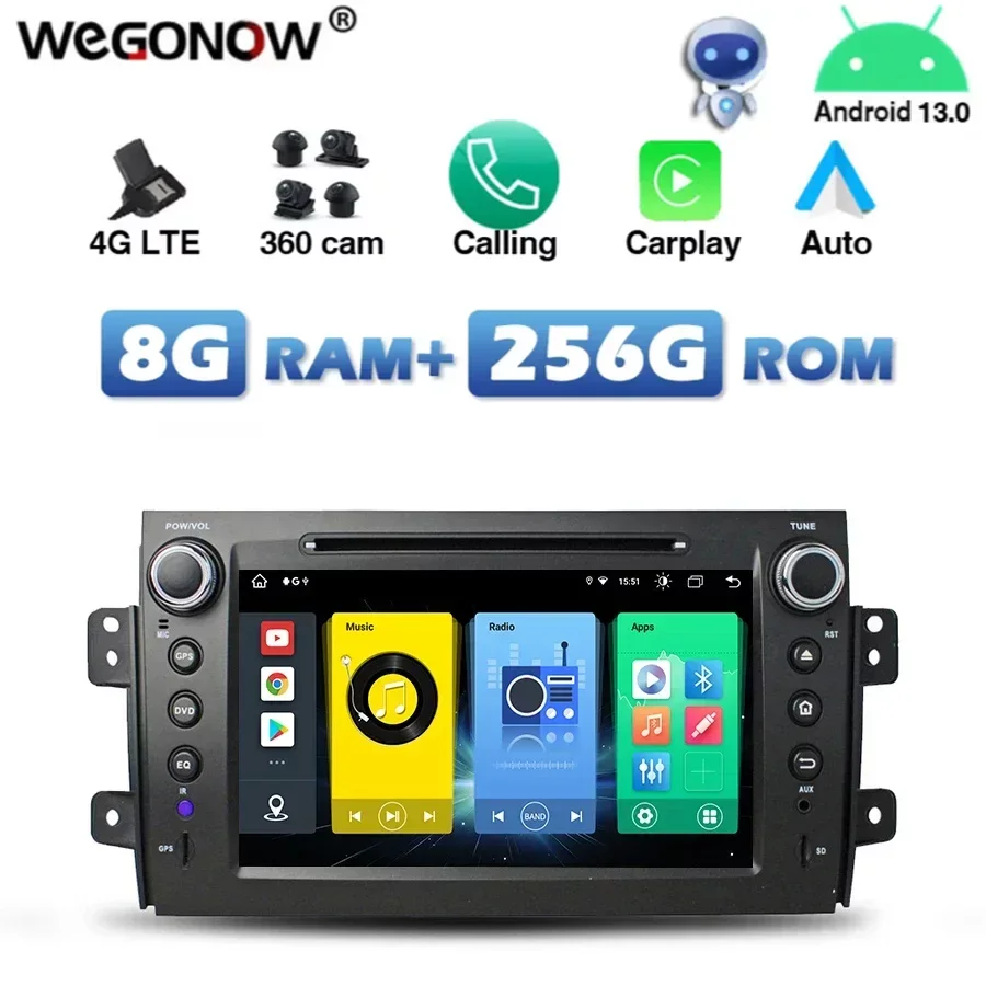 

720P 4G SIM IPS Carplay Auto Android 13.0 8G+256G Car DVD Player DSP GPS MAP RDS Radio wifi Bluetooth For SUZUKI SX4 2006 -2014