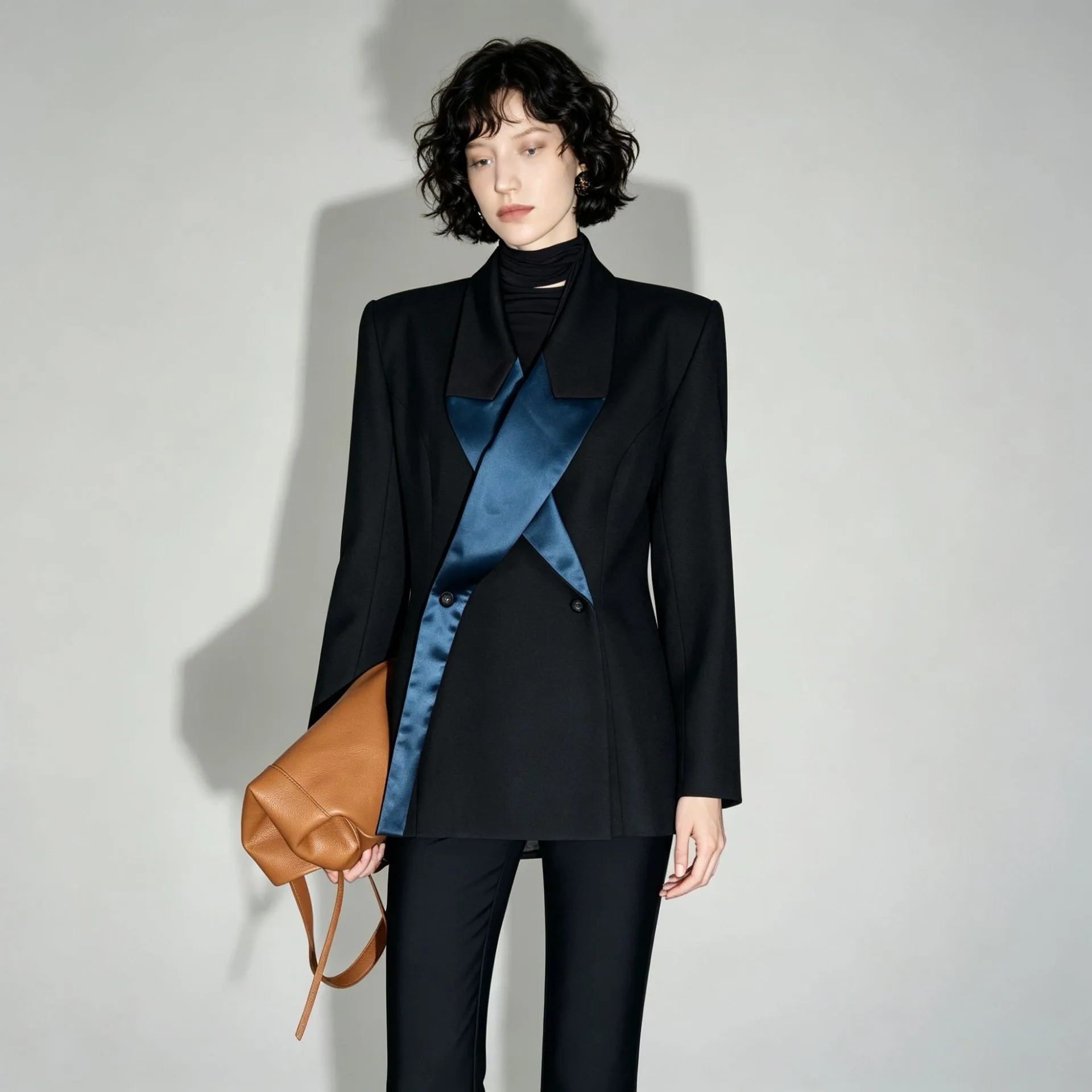 Patchwork Long Sleeve Coat Loose Fit Streetwear with Notched Lapel Edgy Street Single Button Closure No Hood Autumn Women Jacket