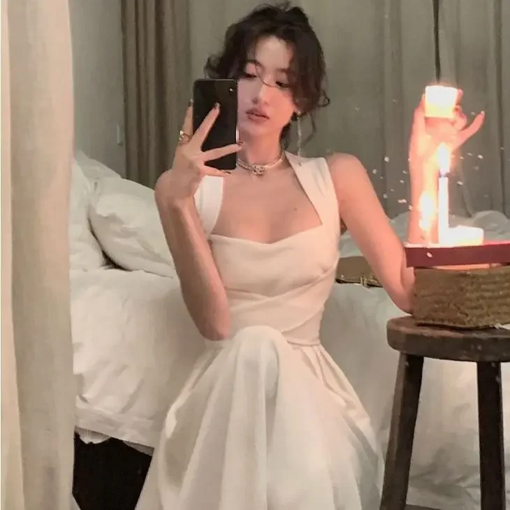 Elegant White Cross Strapless Dress Women's Summer Slimming Empire Waist Long Gown Gentle Neck Hanging Polyester Fiber