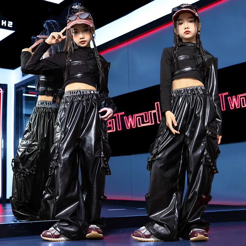 

Girls Jazz Dance Costumes Cool Catwalk Fashion Models Catwalk Tops Crop Tops Long Shafts Black Leather Trousers