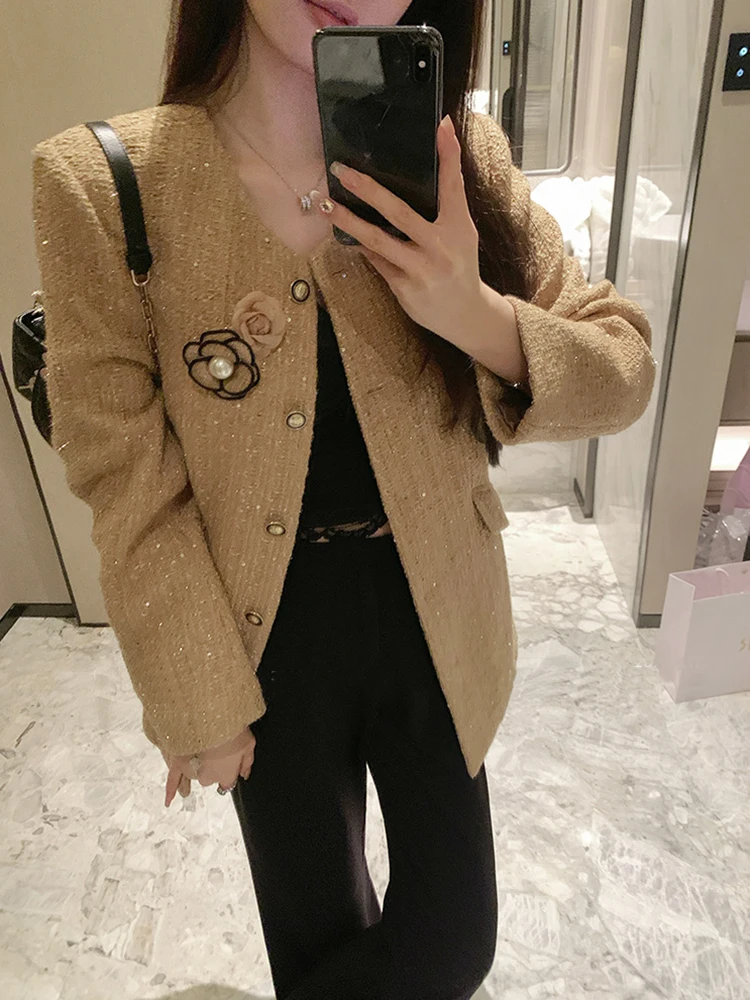 Autumn New Jacket Blazer Women's Short Round Neck Top Coff Wool Blazer Coat for Women Long Sleeves Single Breasted Jacket Women