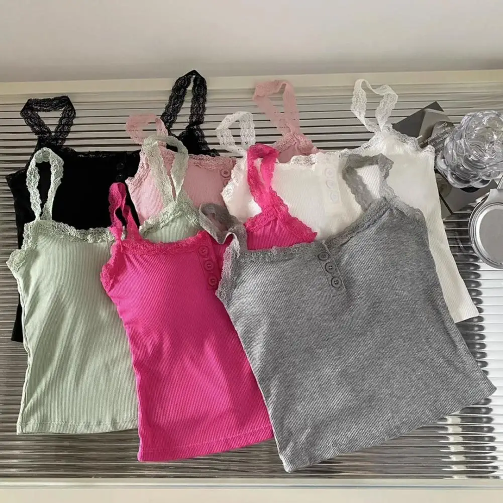 Immagine 4: Top a Bretelle da Donna in Tinta Unita con Inserti in Pizzo e Imbottitura Integrata, Morbido ed Elastico
