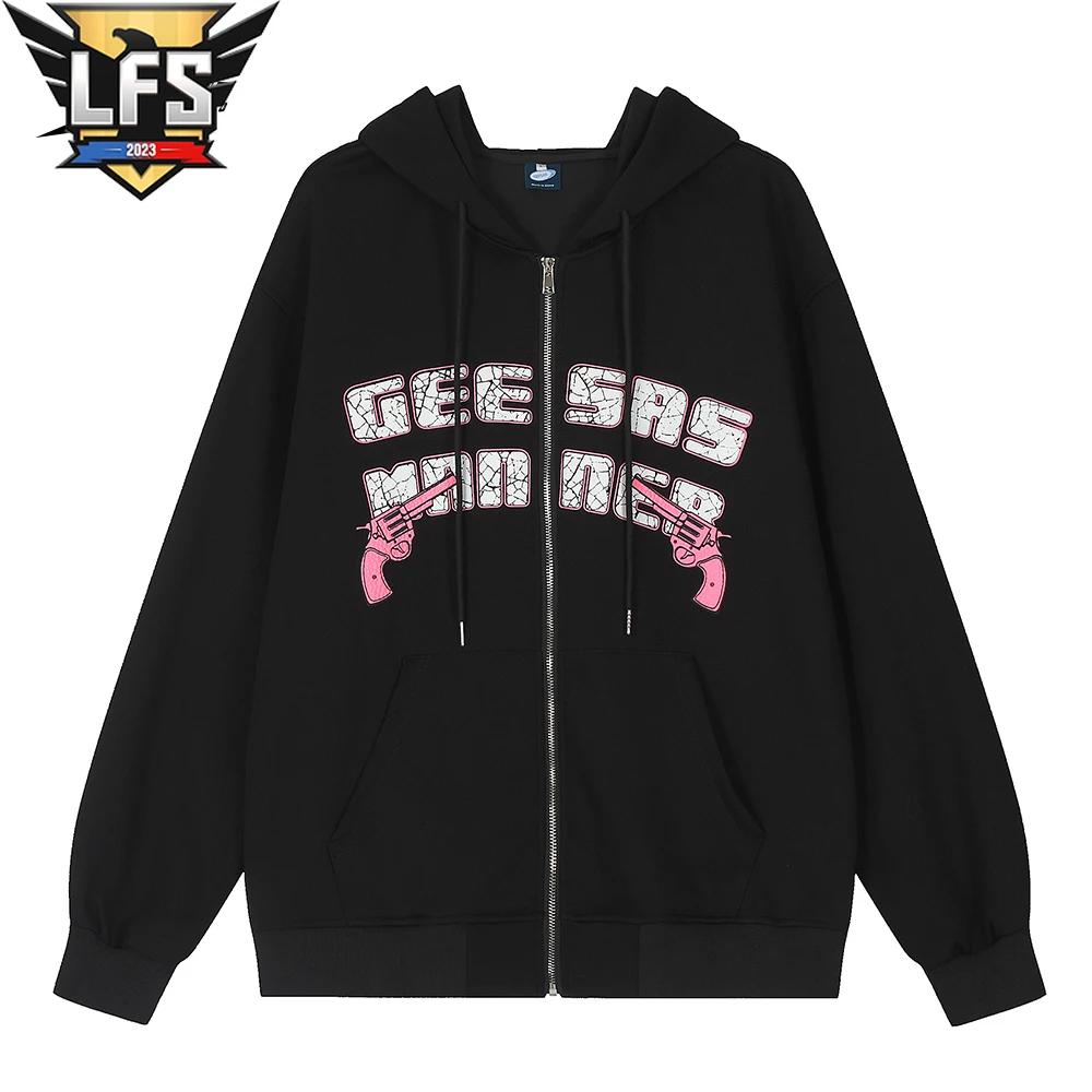 

Mens Vintage Handgun Letter Print Jackets Hip Hop Harajuku Streetwear All Match Cotton Coats Unisex Hooded Jacket Streetwear