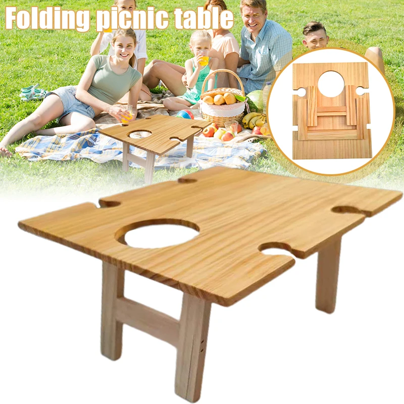 Wooden Folding Picnic Table Portable Rectangular Desk With 4 Goblet Holder & 1 Wine Bottle Slot For Travel Beach Picnic Tools